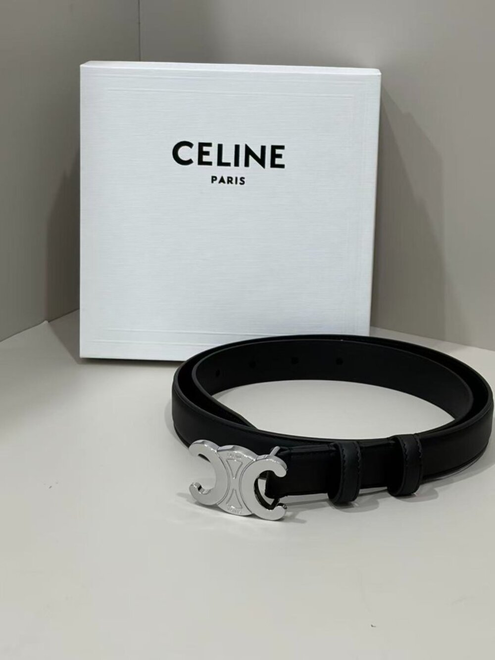 Celine Style Triomphe Black Leather Belt Silver Buckle Size 85